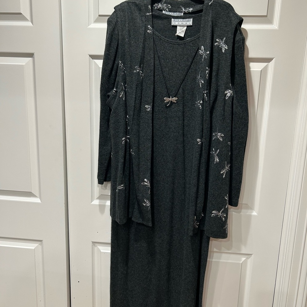 Jessica Howard Charcoal Dress with Metallic Butterfly Embroidery Size 3X EUC